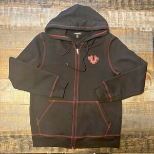 True Religion Brand Jeans Full Buddha Zip Hoodie Triple Stitch Black Red Thread